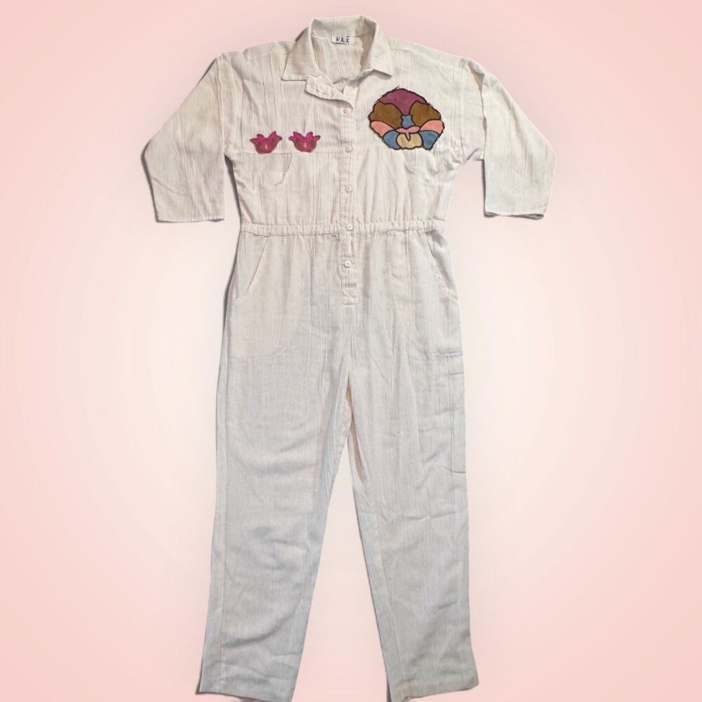 Vtg DEE California Jumpsuit Womens M Cream Artsy Embroidered Cotton Boilersuit